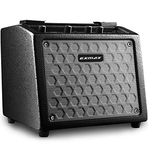 EXMAX EG99 Electric Guitar Amplifier 8W Rechargeable Stereo Outdoor Microphone/Guitar Amplifier Street Acoustic Guitar Amp 2 Band(Bass/Treble) Stringed Instrument Speakers Built-in 18 Drum Rhythms