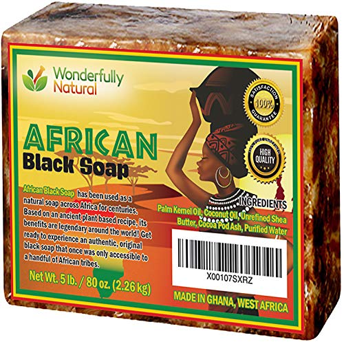 Organic African Black Soap - 5 Pound Best for Acne Treatment, Eczema, Dry Skin, Psoriasis, Scars, Dermatitis, White Heads Pimples, Anti-fungal Face & Body Wash, Raw Handcrafted Beauty Scrub Bar 