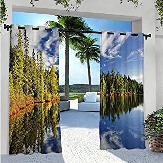 Blackout Curtains Forest Reflecting on Calm Lake Shore at North Canada Universe Art Print Outdoor Privacy Porch Curtains Sun Light Blocking Waterproof Green Blue White W96 x L84 Inch