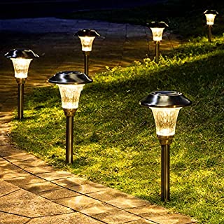 GIGALUMI 8 Pack Solar Pathway Lights, Solar Pathway Lights Outdoor Warm White, Waterproof Glass Stainless Steel Automatic Solar Landscape Lights for Patio, Yard, Lawn, Garden and Path (Silver Finish