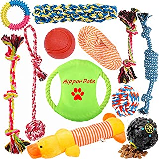 Aipper Dog Puppy Toys 12 Pack, Puppy Chew Toys for Playtime and Teeth Cleaning, IQ Treat Ball Squeak Toys and Dog Flying Disc Included, Puppy Teething Toys for Medium to Small Dogs, (Assorted Colors)