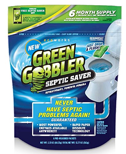 Green Gobbler SEPTIC SAVER Bacteria Enzyme Pacs - 6 Month Septic Tank Supply (FREE Green Gobbler REMINDER APP) 7.8 oz Total