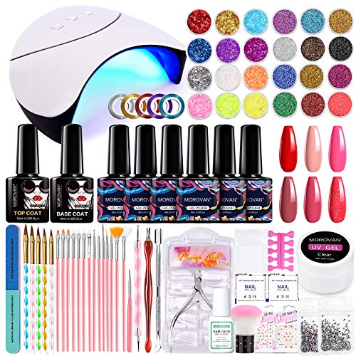 Morovan Gel Nail Kit with UV Light - Nail Kit for Beginners with Everything Nail Supplies 6 Colors Gel Nail Polish Set with Glitter and Sequins, 36W LED Nail Lamp,Base Top Coat Nail Tools