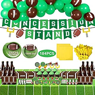 Football Party Decorations,Super Bowl Party Supplies Set for 20 People include Includes Plates,Tablecloth,Napkins,Food Tents Signs,Banner,Cupcake Toppers,Chocolate Stickers,Bottle Labels and Latex Balloons Set (184 Pieces Total)