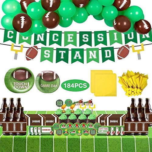 Football Party Decorations,Super Bowl Party Supplies Set for 20 People include Includes Plates,Tablecloth,Napkins,Food Tents Signs,Banner,Cupcake Toppers,Chocolate Stickers,Bottle Labels and Latex Balloons Set (184 Pieces Total)