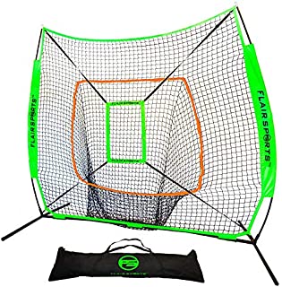 Flair Sports 7' X 7' Baseball & Softball Practice Hitting & Pitching Net with Bow Frame, Carry Bag and Bonus Strike Zone, Great for All Skill Levels