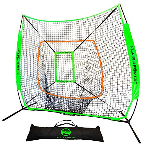 Flair Sports 7' X 7' Baseball & Softball Practice Hitting & Pitching Net with Bow Frame, Carry Bag and Bonus Strike Zone, Great for All Skill Levels