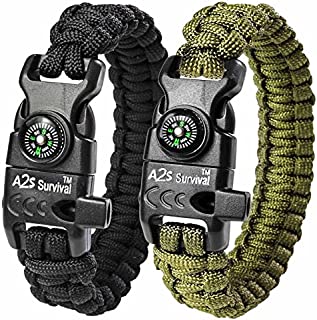 A2S Protection Paracord Bracelet K2-Peak  Survival Gear Kit with Embedded Compass, Fire Starter, Emergency Knife & Whistle (Black/Green 8