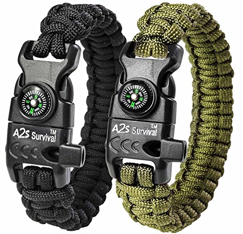 A2S Protection Paracord Bracelet K2-Peak  Survival Gear Kit with Embedded Compass, Fire Starter, Emergency Knife & Whistle (Black/Green 8