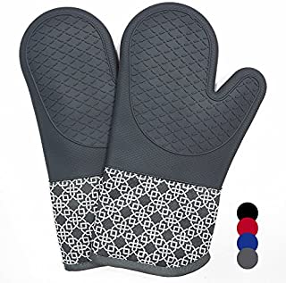 Heat Resistant Silicone Shell Kitchen Oven Mitts for 500 Degrees with Waterproof, Set of 2 Oven Gloves with Cotton Lining for BBQ Cooking Set Baking Grilling Barbecue Microwave Machine Washable Grey