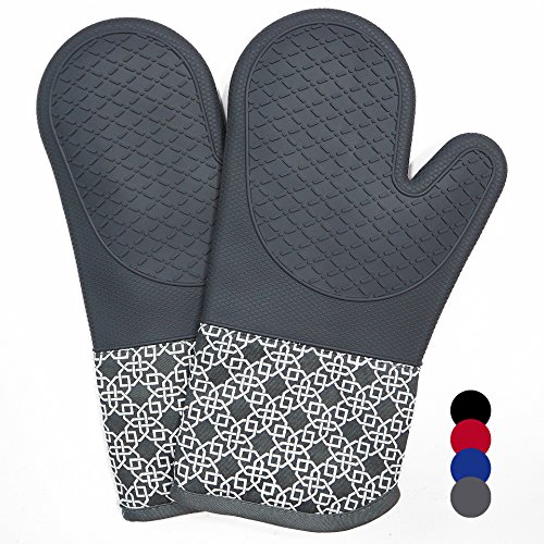 Heat Resistant Silicone Shell Kitchen Oven Mitts for 500 Degrees with Waterproof, Set of 2 Oven Gloves with Cotton Lining for BBQ Cooking Set Baking Grilling Barbecue Microwave Machine Washable Grey