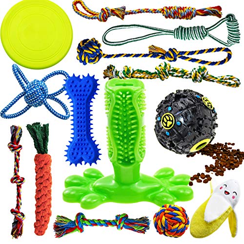 Dog Chew Toys for Puppies Teething, 14 Pack Dog Rope Toys Tug of War Dog Toy Bundle Toothbrush iq Treat Ball Squeaky Rubber Bone Durable Dog Chew Toys for Small Dogs Pet Toys Puppy Toys
