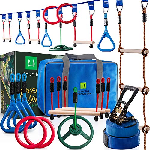 Hokalia Ninja Warrior Obstacle Course for Kids - 65' Ninja Slackline with 10 Accessories, Includes Premium Carry Bag, Wood Rope Ladder, Ninja Wheel & Rings - Have Fun Outdoors While Staying Fit!