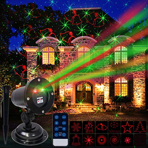 Christmas Laser Projector Outdoor Light for House, Holiday, Xmas Decoration, IP44 Waterproof, Wireless Remote Control, Red/Green (12 Illusions)