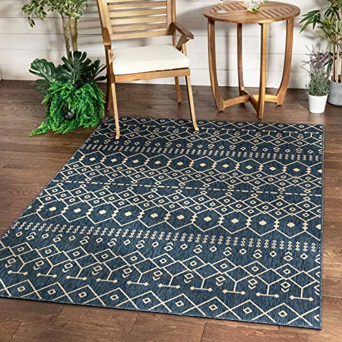 Well Woven Nors Blue & Beige Indoor/Outdoor Flat Weave Pile Nordic Lattice Pattern Area Rug 8x10 (7'10