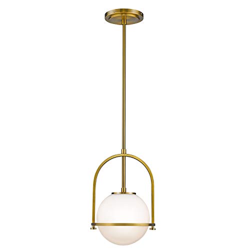 Modern Globe Pendant Lights, LMS 1-Light Hanging Light Fixture, Brushed Brass Finished with White Globe Glass Lampshade, LMS-013