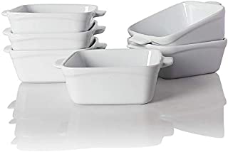 SWEEJAR Ceramic Souffle Dishes,Square Double Handle Ramekins for Baking, 10 OZ for Creme Brulee, Custard,Dipping - Set of 6(White)