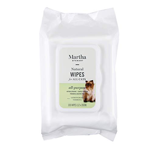 Martha Stewart Lemongrass Verbena Cat Wipes | Natural Hypoallergenic Cat Bath Wipes, 100 Count, White