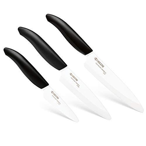 Kyocera 3-Piece Slicing Knife Set Ceramic, 5-inch 4.5-inch and 3-inch, Black Handle with White Blades