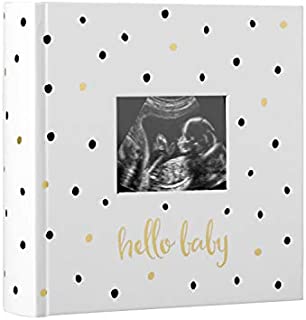 Pearhead'Hello Baby' Baby Photo Album, Holiday Christmas Keepsake Gifts for Baby and New Parents, White, Black and Gold Polka Dot