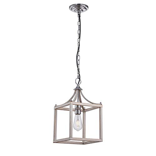 Industrial Farmhouse Pendant Light Hanging Lantern Iron Vintage Square Light Fixture,1 Light E26 Base Cage Perfect for Kitchen Island Dining Room Bedroom Cafe Bar Matte White Wash Color