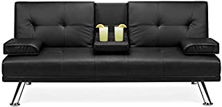 Best Choice Products Faux Leather Upholstered Modern Convertible Folding Futon Sofa Bed for Compact Living Space, Apartment, Dorm, Bonus Room w/Removable Armrests, Metal Legs, 2 Cupholders - Black