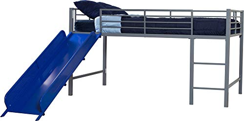 DHP Junior Twin Metal Loft Bed with Slide, Multifunctional Design, Silver with Blue Slide