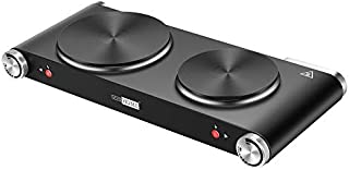 VIVOHOME 1800W Countertop Double Burner Electric Hot Plate, Durable Cast Iron Cooktop with Mitten for Indoor Outdoor, Adjustable Temperature Control from 200 to 720
