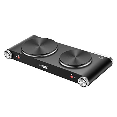 VIVOHOME 1800W Countertop Double Burner Electric Hot Plate, Durable Cast Iron Cooktop with Mitten for Indoor Outdoor, Adjustable Temperature Control from 200 to 720