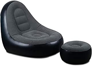 Inflatable Lounge Chair with Ottoman Blow Up Chaise Lounge Air Lazy Sofa Set Flocked Couch Portable Inflatable Seats for Lounge Inflatable Deck Chair for Indoor & Outdoor