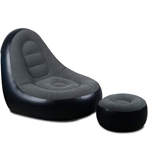 Inflatable Lounge Chair with Ottoman Blow Up Chaise Lounge Air Lazy Sofa Set Flocked Couch Portable Inflatable Seats for Lounge Inflatable Deck Chair for Indoor & Outdoor