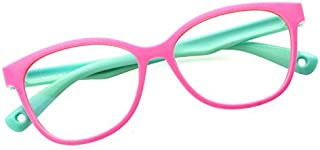 Kids Blue Light Blocking Glasses TPEE Rubber Flexible Frame With Glasses Rope, for Children Age 3-12 (Pink/Green)