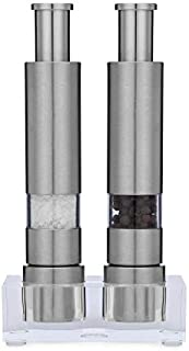 Grind Gourmet Salt and Pepper Grinder Set of 2 with Modern Thumb Push Button Grinder, Premium Stainless Steel, for Black Pepper, Sea Salt and Himalayan Salt, With Stand