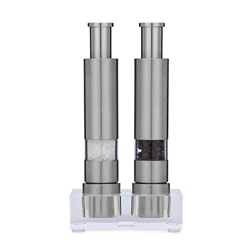 Grind Gourmet Salt and Pepper Grinder Set of 2 with Modern Thumb Push Button Grinder, Premium Stainless Steel, for Black Pepper, Sea Salt and Himalayan Salt, With Stand