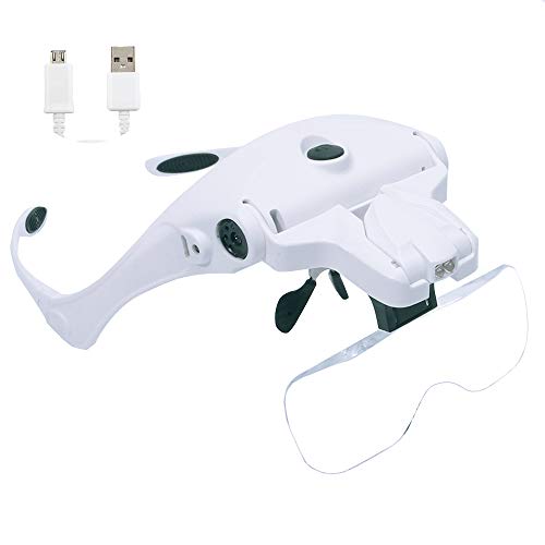 Headband Magnifier Glasses USB Charging, Hands Free Head Mount Magnifying Glasses with LED Light for Jewelry Craft Watch Repair Hobby 5 Replaceable Lenses 1.0X 1.5X 2.0X 2.5X 3.5X (Upgraded Version)