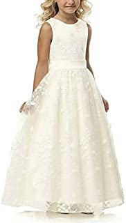 A line Wedding Pageant Lace Flower Girl Dress with Belt 2-12 Year Old (Size 6, Ivory)