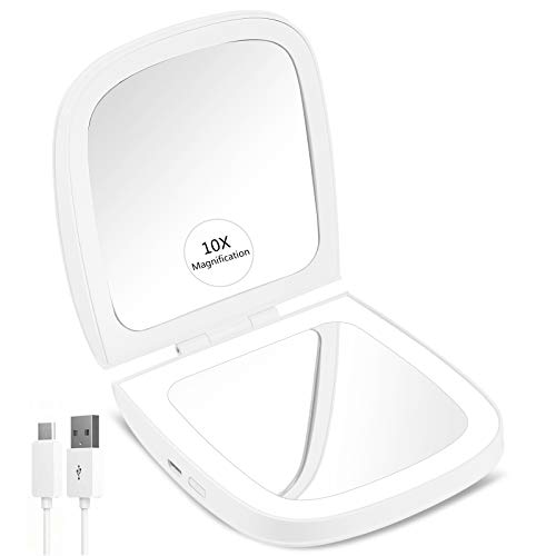 CLSEVXY LED Lighted Travel Makeup Mirror, 1x/10x Magnification - Daylight LED, Rechargeable, Compact, Portable, 4