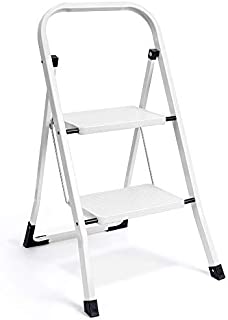 Delxo 2 Step Ladder Folding Step Stool Ladder with Handgrip Anti-Slip Sturdy and Wide Pedal Multi-Use for Household and Office Portable Step Stool Steel 300lbs White (2 feet)