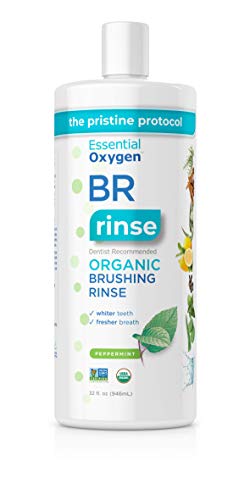 Essential Oxygen BR Certified Organic Brushing Rinse, All Natural Mouthwash for Whiter Teeth, Fresher Breath, and Happier Gums, Alcohol-Free Oral Care, Peppermint, Refill, 32 Ounce