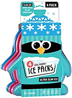 Fit + Fresh Cool Coolers Slim Ice Packs, Penguin Shaped, Long Lasting Ice Packs for Lunch Bags, Picnic Baskets, Coolers, and More, Set of 4, Multicolored