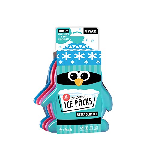 Fit + Fresh Cool Coolers Slim Ice Packs, Penguin Shaped, Long Lasting Ice Packs for Lunch Bags, Picnic Baskets, Coolers, and More, Set of 4, Multicolored