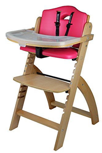 Abiie Beyond Wooden High Chair with Tray. The Perfect Adjustable Baby Highchair Solution for Your Babies and Toddlers or as a Dining Chair. (6 Months up to 250 Lb) (Natural Wood - Red Cushion)