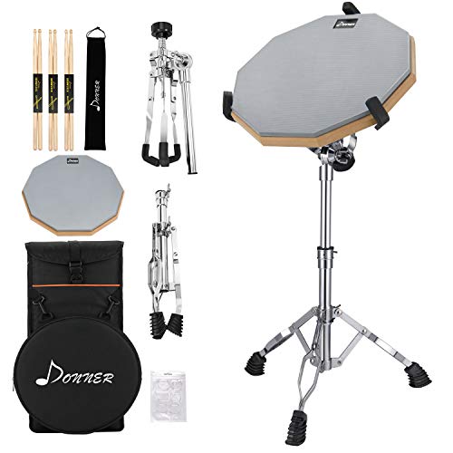 Donner Drum Practice Pad With Snare Drum Stand Kit, Including 12 Inches Double Sided Drum Pad, Drumsticks, Adjustable Stand Fits 10''-14'' Dia Drums