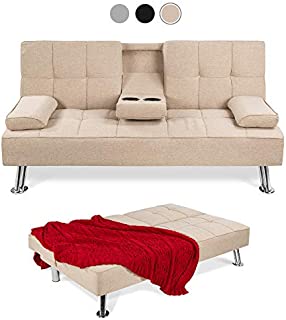 Best Choice Products Linen Upholstered Modern Convertible Folding Futon Sofa Bed for Compact Living Space, Apartment, Dorm, Bonus Room w/Removable Armrests, Metal Legs, 2 Cupholders - Beige