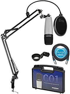 Samson C01 Large-Diaphragm Condenser Microphone for Recording Vocals, Acoustic Instruments, Overhead Drums Bundle with Blucoil Boom Arm Plus Pop Filter, and 10-FT Balanced XLR Cable