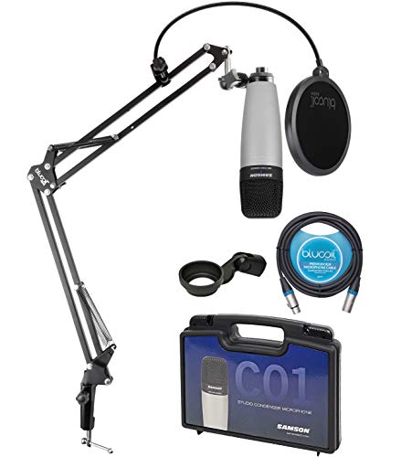 Samson C01 Large-Diaphragm Condenser Microphone for Recording Vocals, Acoustic Instruments, Overhead Drums Bundle with Blucoil Boom Arm Plus Pop Filter, and 10-FT Balanced XLR Cable