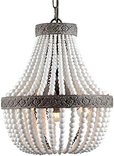 VILUXY Bohemia Wood Beaded Chandelier Antique Rustic Pendant Light White Finishing for Bedroom, Kitchen Island, Gril Room 3-Light