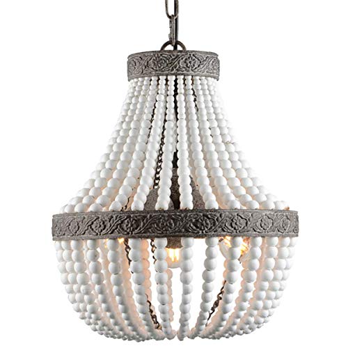 VILUXY Bohemia Wood Beaded Chandelier Antique Rustic Pendant Light White Finishing for Bedroom, Kitchen Island, Gril Room 3-Light