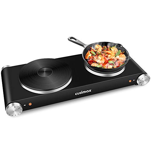 Hot Plate for Cooking, Cusimax 1800W Portable Electric Double Burner Stove, Cast Iron Countertop Burners Heating Plates with Adjustable Temperature Control, Compatible for All Cookwares--Upgraded Version