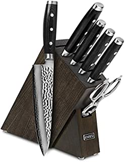 Enso Knife Set - Made in Japan - HD Series - VG10 Hammered Damascus Japanese Stainless Steel with Slim Dark Ash Knife Block - 7 Piece